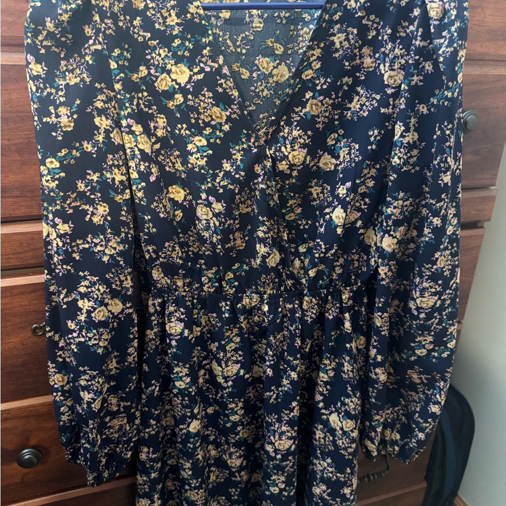 Cupshe Navy Floral Long Sleeve Dress with Yellow & Cream Flowers